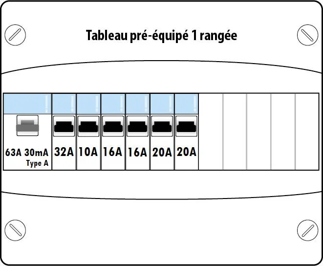 Schéma tableau électrique 1 rangée 1ID 63A 6 disjoncteurs